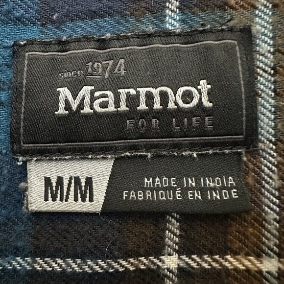 Marmot Flannel Shirt Mens Medium Blue Plaid Button Up Long Sleeve Gorpcore Adult - Picture 2 of 7